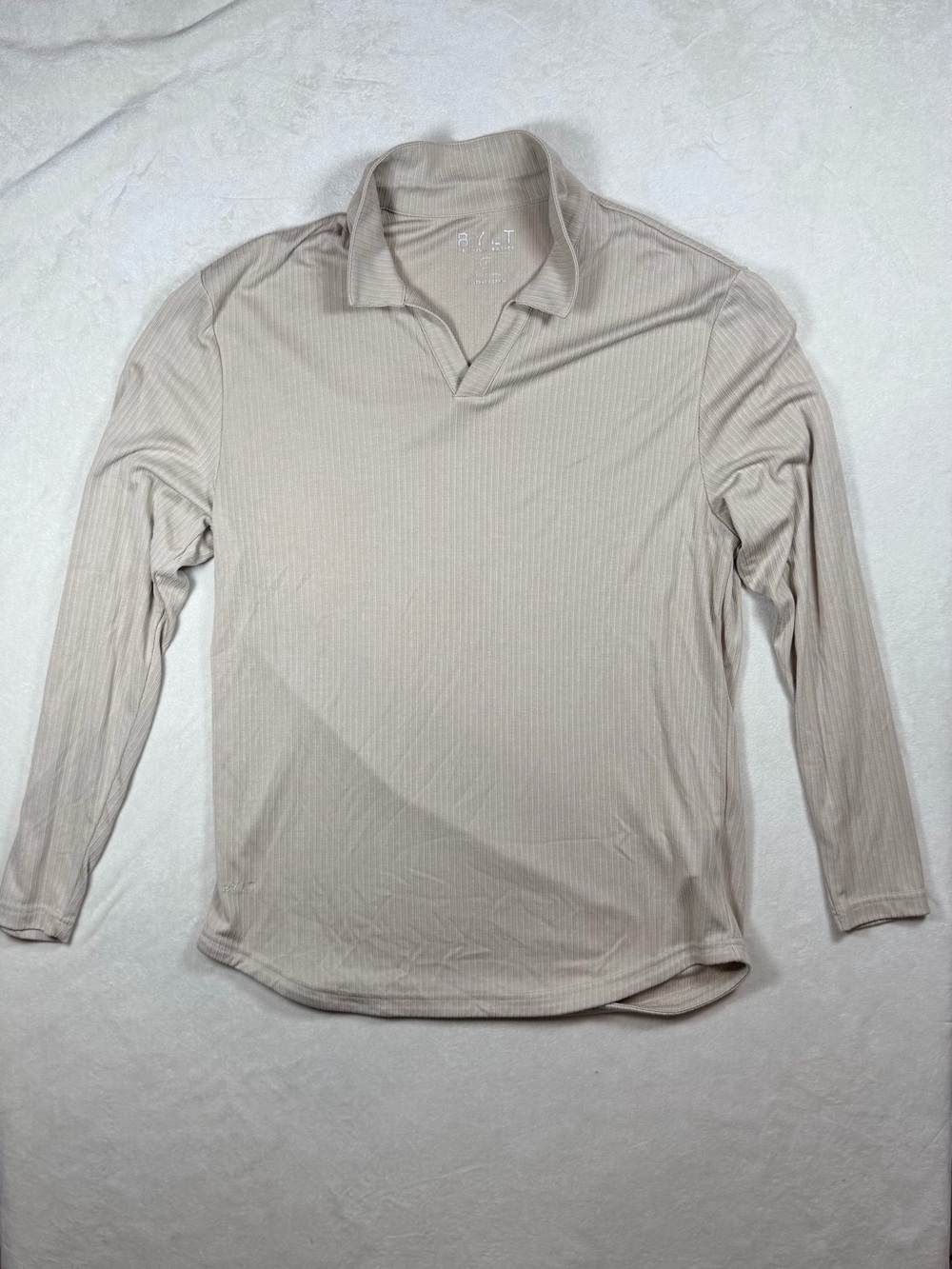 BYLT Basics Men's Large Long Sleeve Ribbed Polo in Light Beige Blade Collar